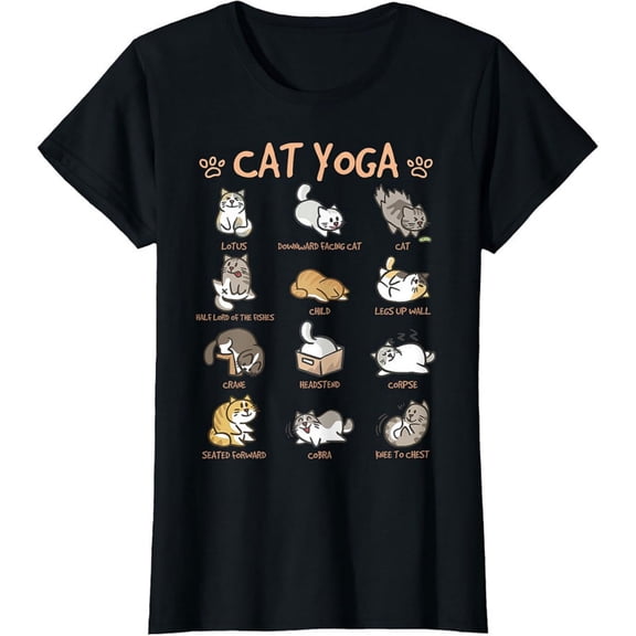 Women's 100% Cotton T-Shirt 180gsm - Funny Cat Yoga Graphic Tee, Black Comfortable Breathable Soft Tee