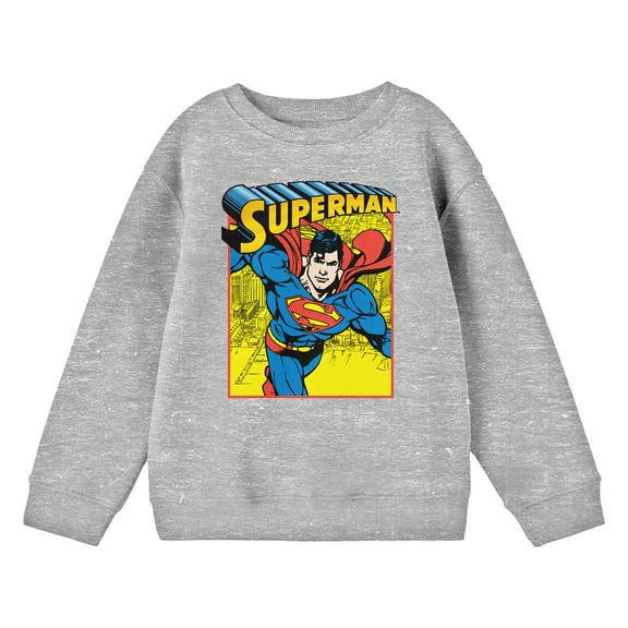 Superman Flying Above City Crew Neck Long Sleeve Athletic Heather Boy's Sweatshirt-Medium