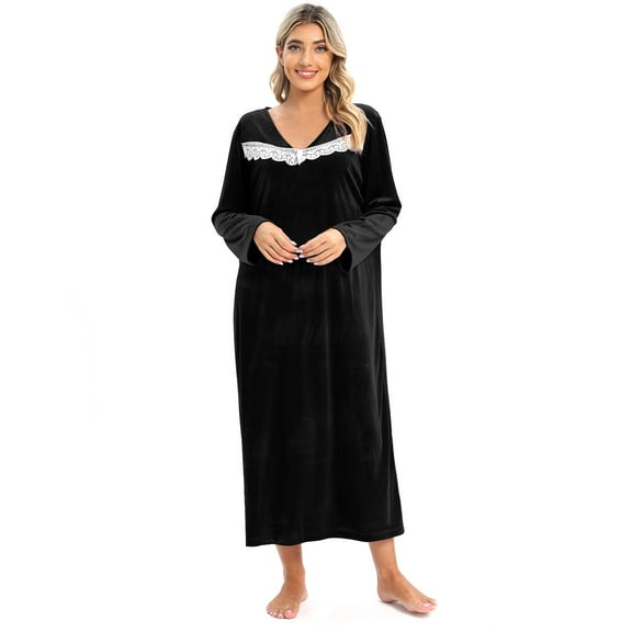 Baozhu Long Nightgown Velvet Sleep Dress Vintage V Neck Women's Long Sleeve Sleepwear Pajamas Loungewear Button Full Length Night Dress