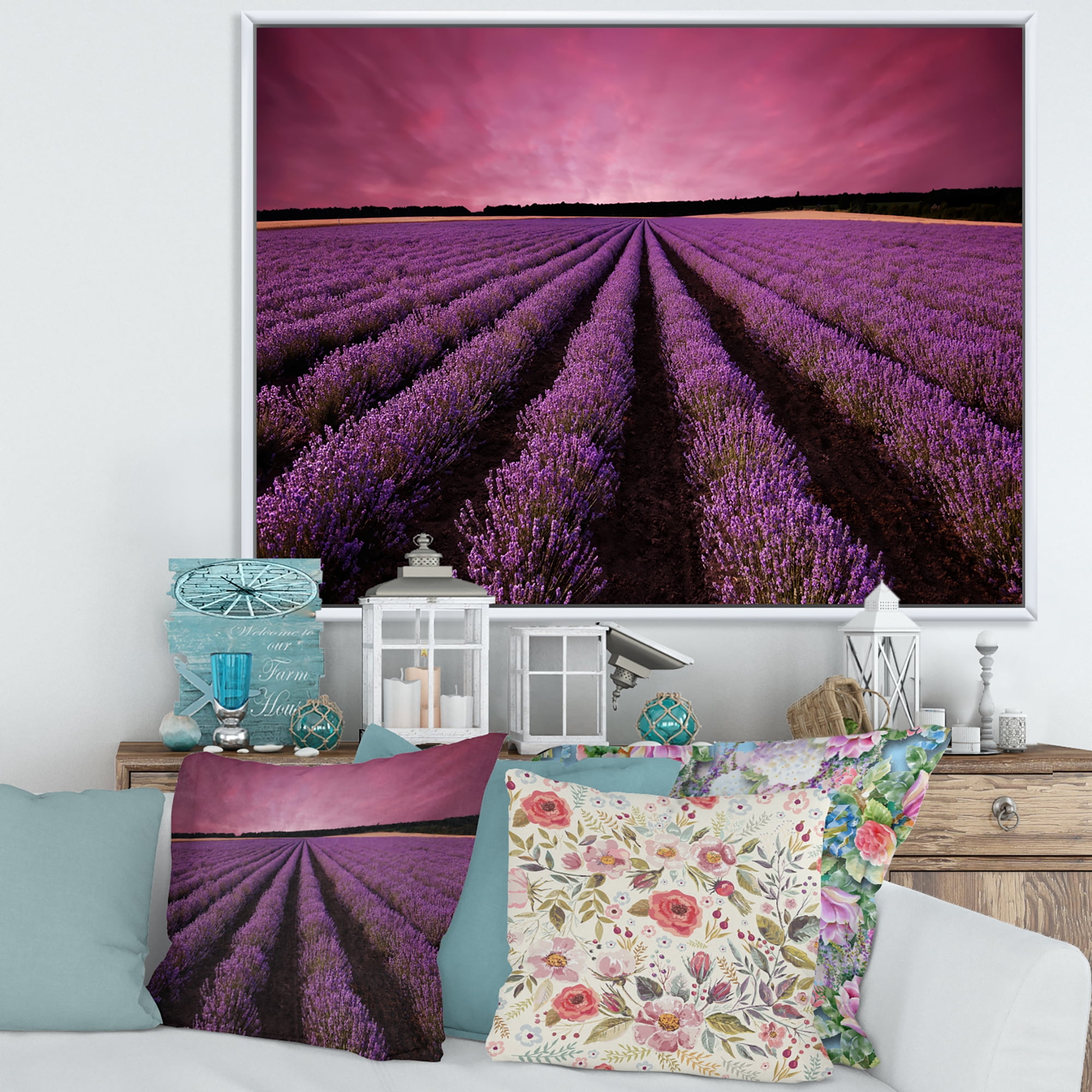 Designart 'Dramatic Clouds and Sunrise Over Lavender Field XI' Farmhouse Framed Canvas Wall Art Print