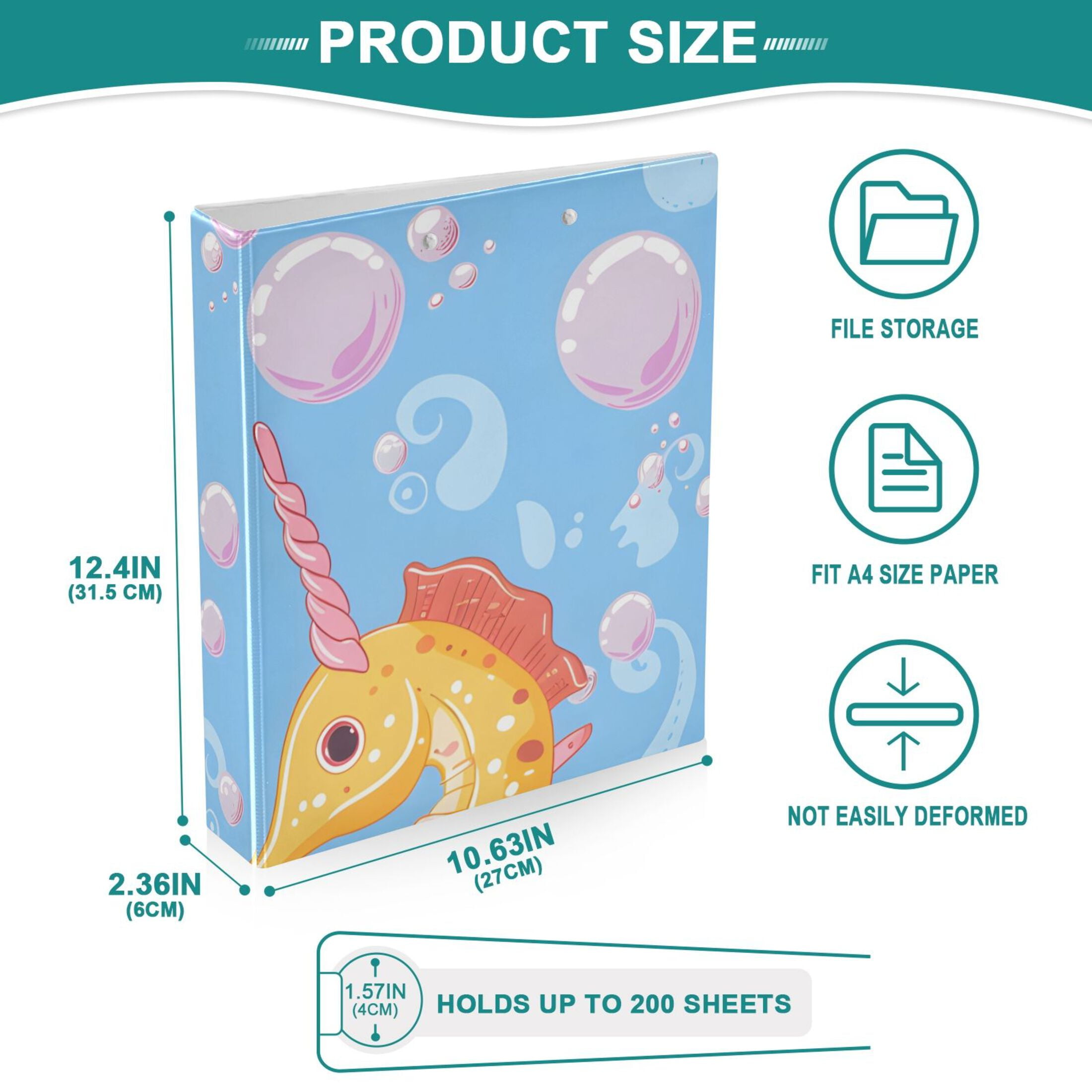 Seahorse and Bubble 3 Ring Binders 1.5 inch Hardcover File Folders with Interior Pockets A4 Size Organizer for School Office Hospital