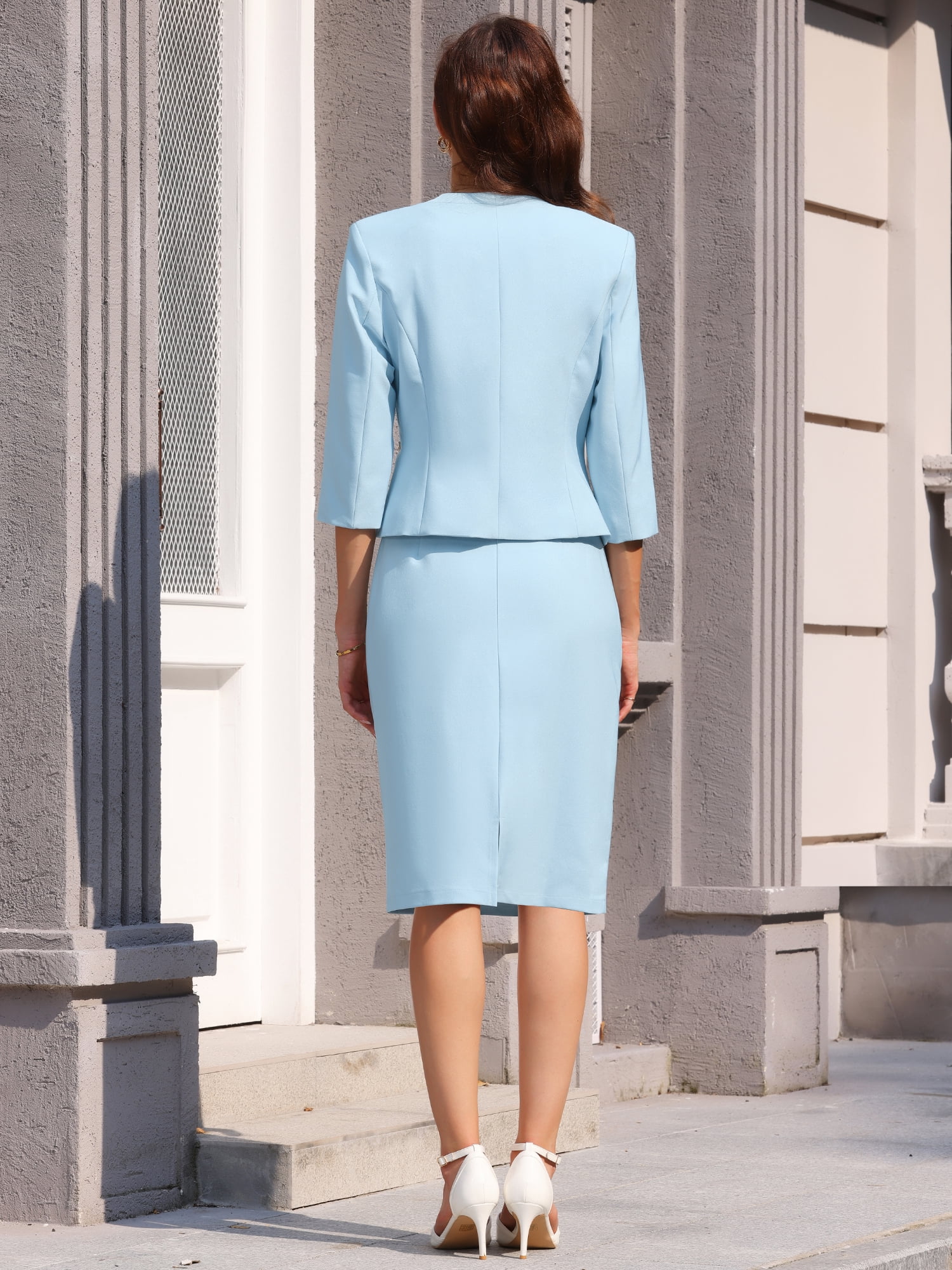 DARING DIVA 2Pcs Women's Outfit Work Office Blazer Pencil Skirt Suit Set M Light Blue