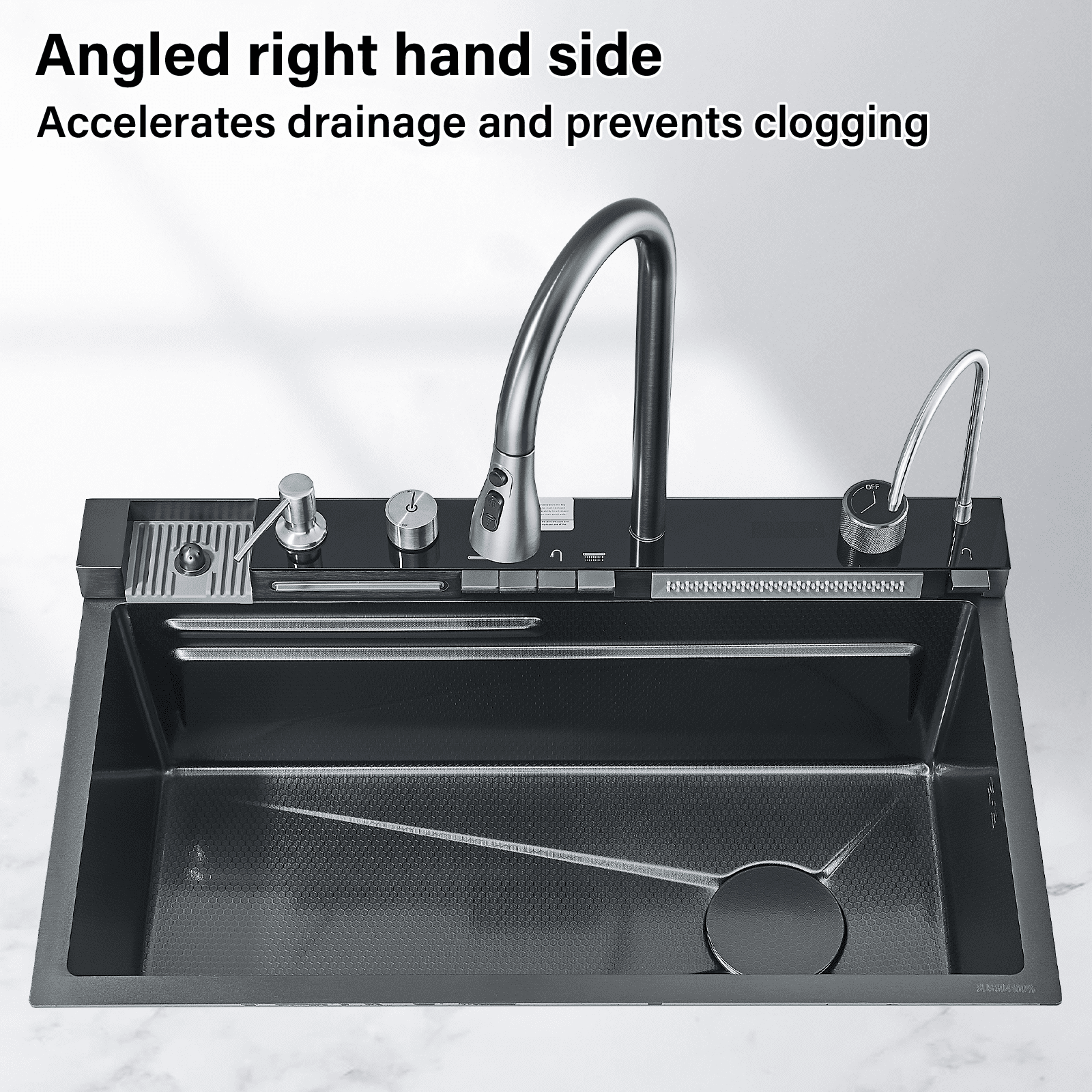 Kitchen Sink 304 Stainless Steel Single Bowl Kitchen Sinks, Digital Display Waterfall Sink, With Pull Down Sprayhead Faucet, With Pressurized Cup Washer and Two Waterfalls