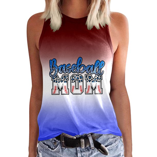 Gibobby Chaleco estampado de béisbol degradado sin mangas con cuello redondo informal de verano para mujer(Azul,M)