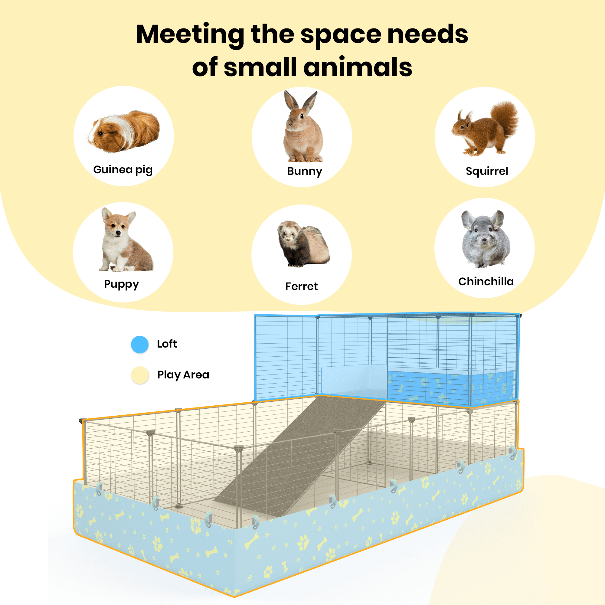 Luxmo Guinea Pig Cage, Indoor C&C Rabbit Kitten Small Animal Cage with Waterproof Liner, Loft and Partition for Rabbit, Chinchilla and Hamster, Habitat Fence Playpen with 25PCS Pannels