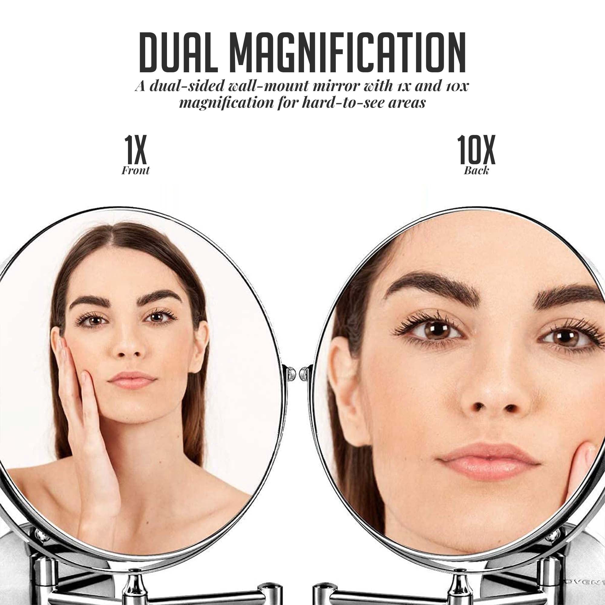OVENTE 9" Wall Mounted Makeup Mirror with 1X/10X Magnification, Double Sided Magnifying Round Bathroom Vanity Mirror, 360° Swivel Design, Extendable and Folding Arm, Polished Chrome MNLFW90CH1X10X