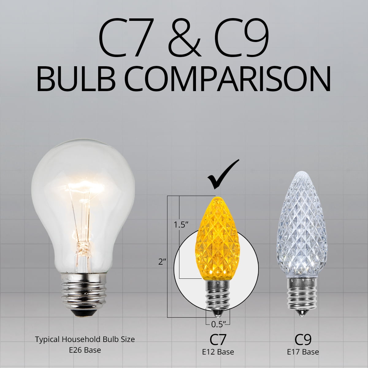 Kringle Traditions LED Christmas Light Bulbs, LED Bulbs Christmas LED Light Replacement Bulbs, Pack of 25, Dimmable SMD Shatter Resistant (Gold, C7 Bulbs / E12 Base)