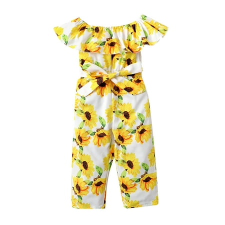 

3T Toddler Baby Girls Jumpsuit Onesies Off The Shoulder Sunflower Print Bow Lotus Leaf Collar Bodysuit 3-4T Yellow