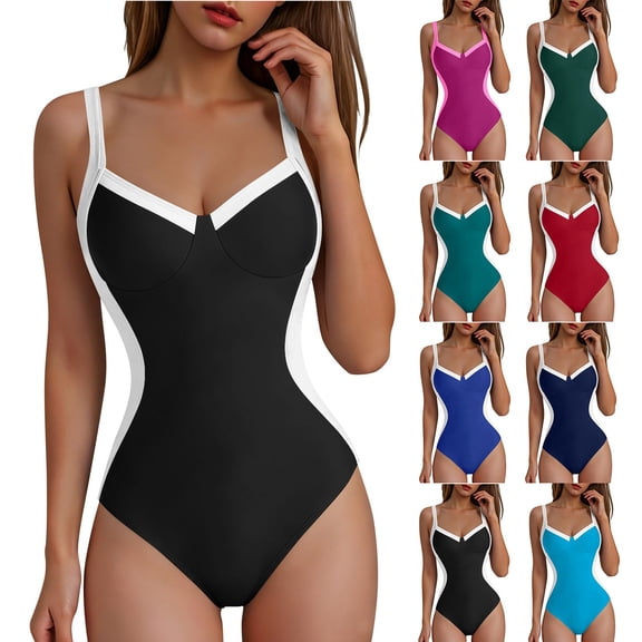 XUNKUSGA Tummy Control Swimsuits for Women Fashion Slimming Color Block Side Waistlines Womens Swimsuits Lightweight V Neck One Piece Swimsuit Women,Black,S