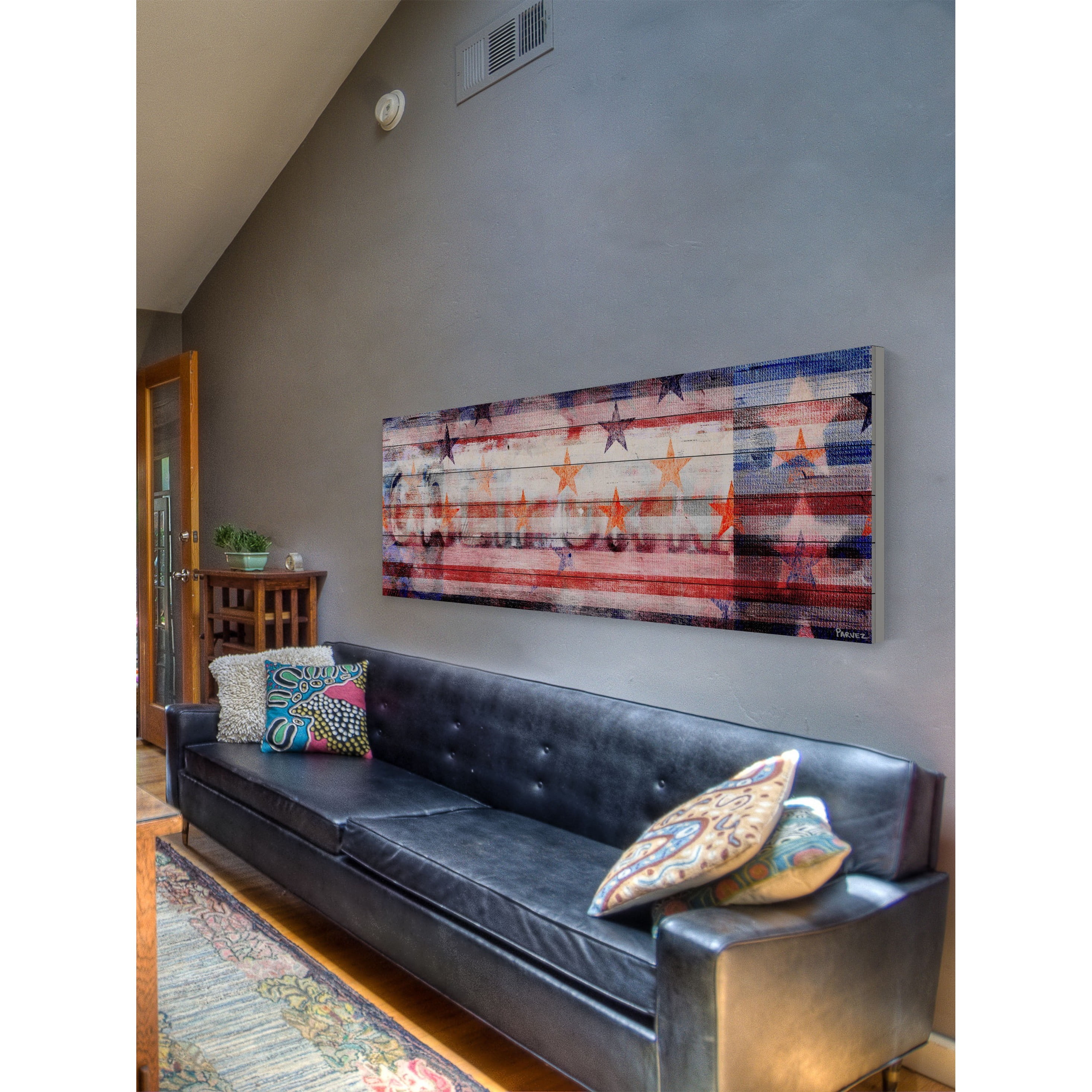 Parvez Taj  - "Behind the Stripes" Print on White Wood - Multi-Color Multi 45 x 15
