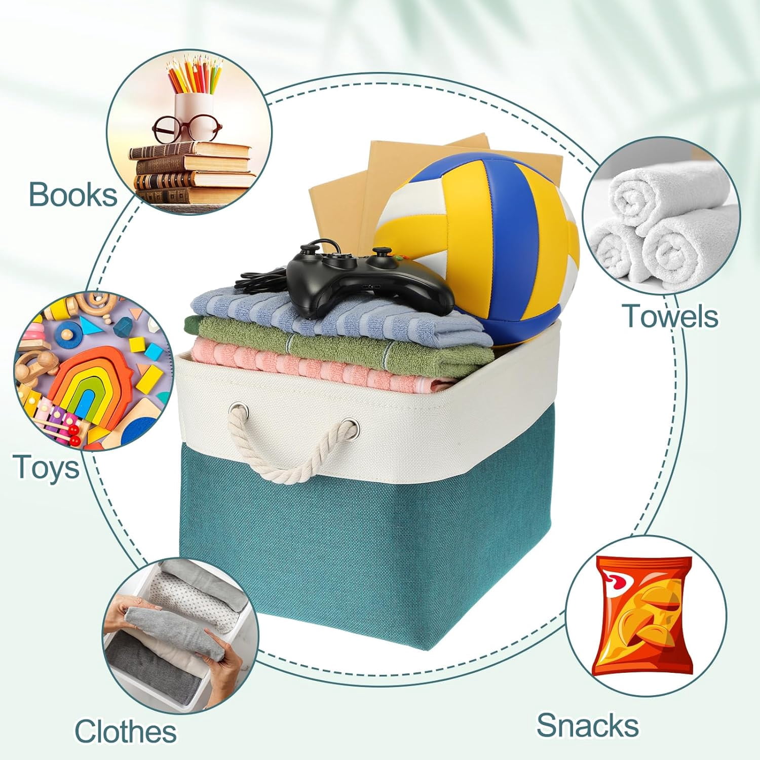 8 Pack Collapsible Storage Bins Fabric Storage Bins Polyester Fabric Storage Baskets with Handles Linen Closet Organizer for Shelf Home Closet Towels Toys (Cyan White,15 x 11 x 9.5 in)