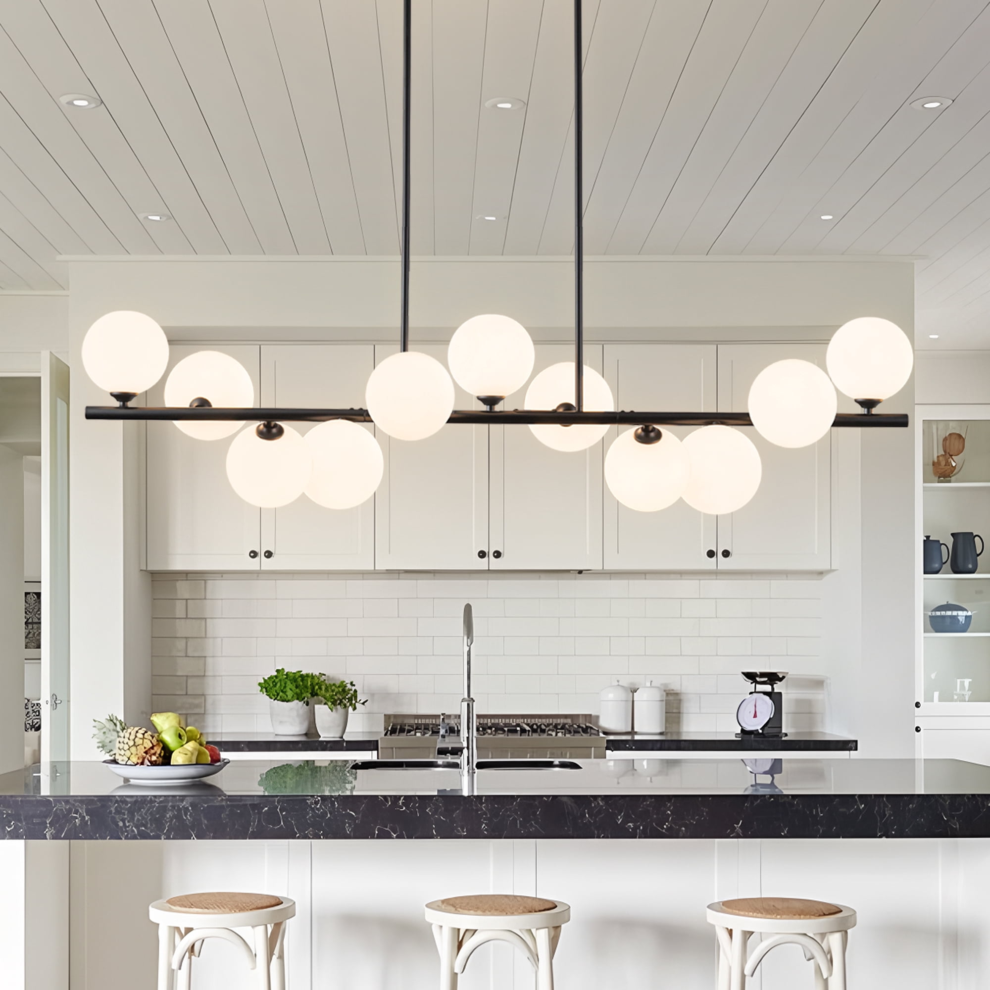 Uznhty Chandeliers for Dining Room Light Fixture with White Glass Globe,11-Lights Linear Chandelier 51 Inch Sputnik Chandelier for Kitchen Island Black Adjustable Hanging