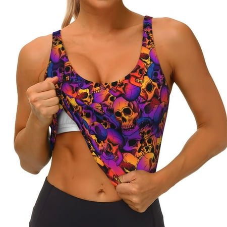 Qokaie Skull Pattern Womens Scoop Neck Sports Bra Breathable Workout Vest Padded U Back Medium Impact Fitness Gym Yoga Bra Workout Crop Top