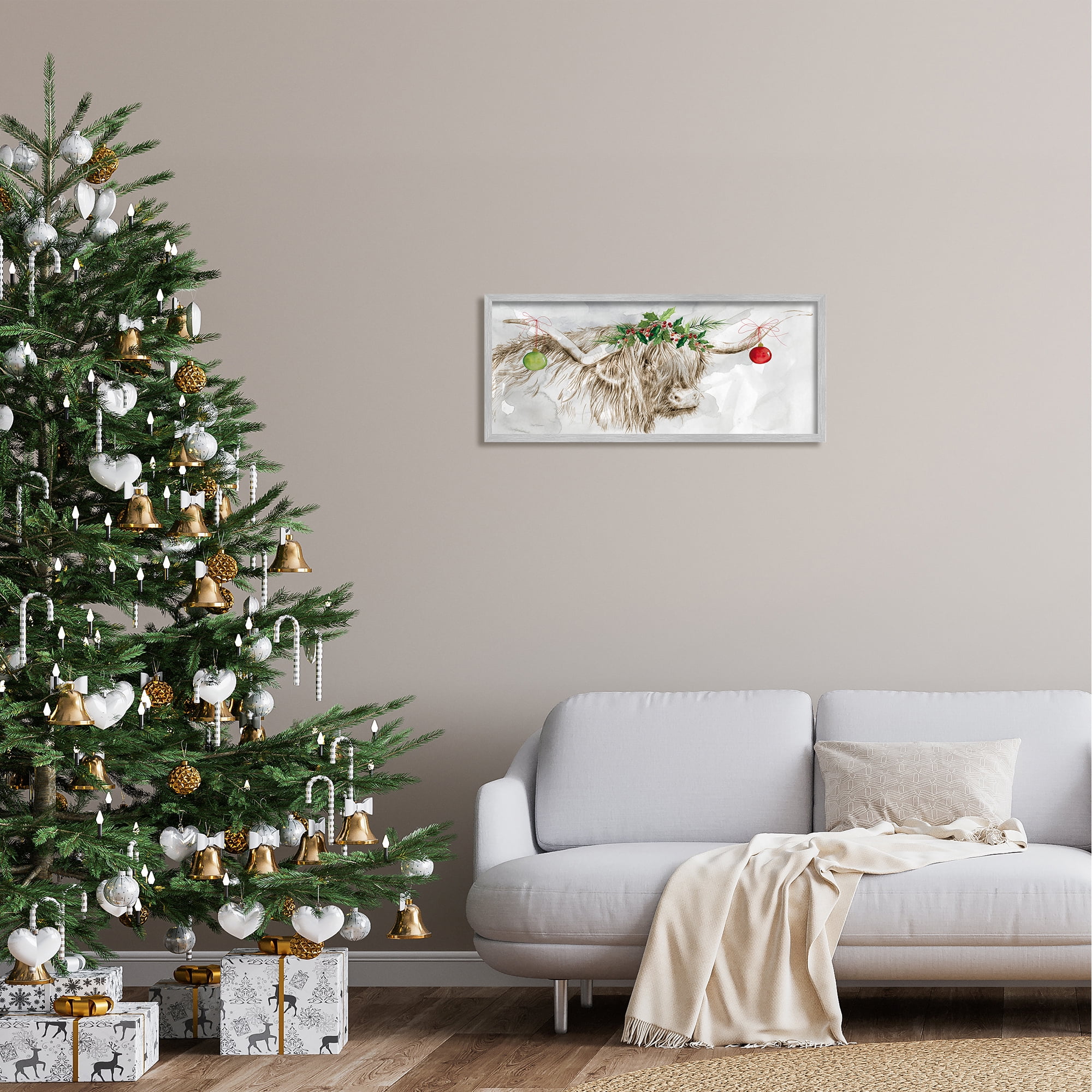 Stupell Industries Cattle with Christmas Ornaments Holiday Painting Gray Framed Art Print Wall Art