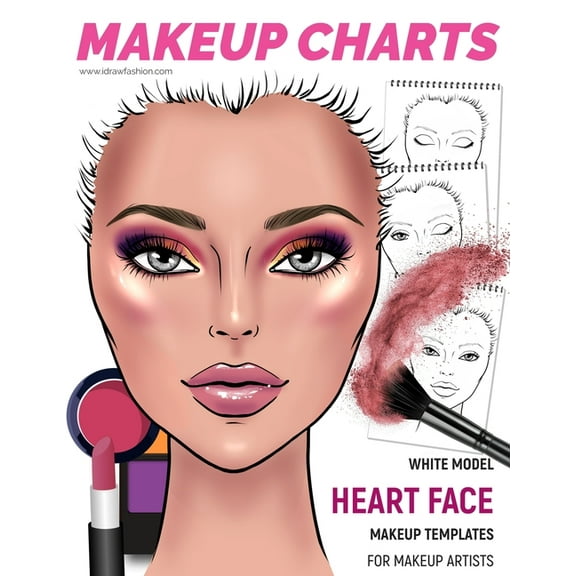 Makeup Charts Workbook: Makeup Charts - Face Charts for Makeup Artists: White Model - HEART face shape (Paperback)