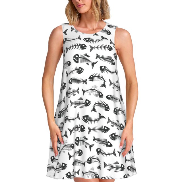Balery Fish Bones Vestidos de verano para mujer con estampado: vestido holgado sin mangas, vestido playero informal y cómodo para días calurosos.