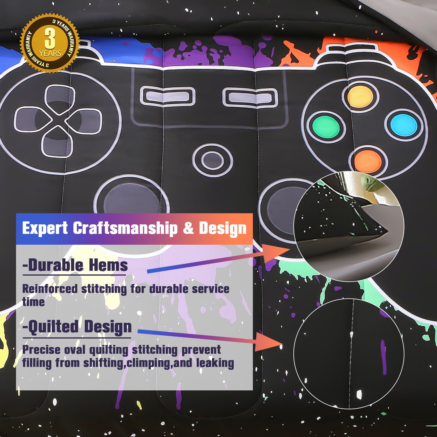 OKKEEY Boy Full Gaming Comforter Sets, 6 Pcs Video Gamer Bed in a Bag for Kids Teens, Ps5 Xbox Bedding Set Children's Room Decor Gift, Soft Microfiber Black Graffiti Game Bed for All Season