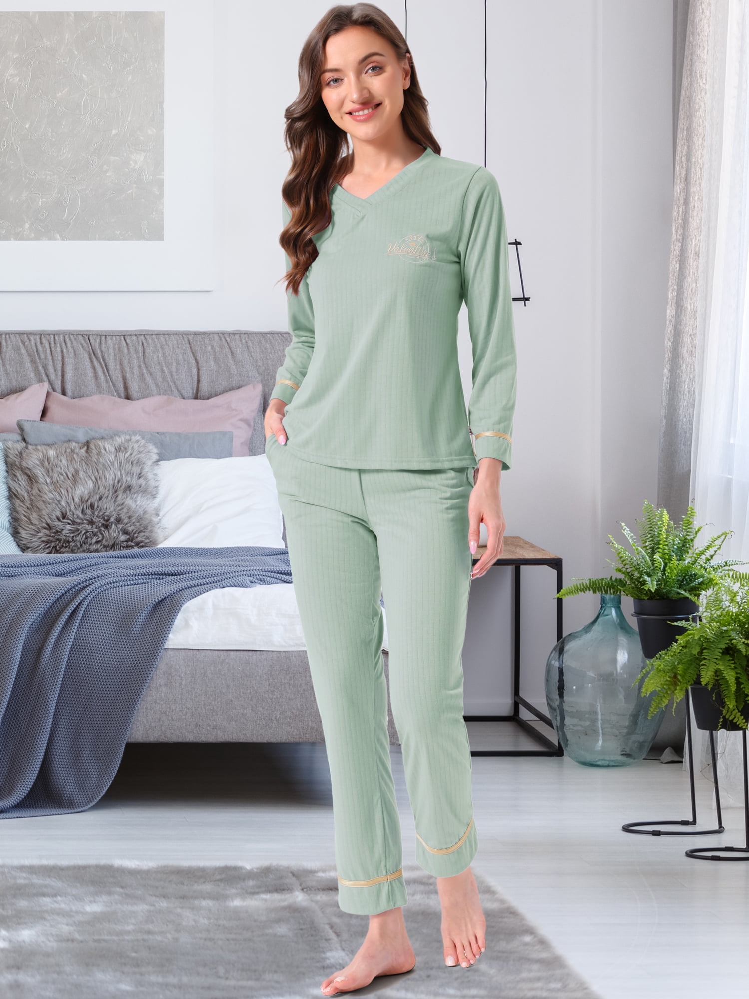DARING DIVA Women's Cotton Ribbed Pullover V-neck Tops with Bottoms Pajama Sets S Green