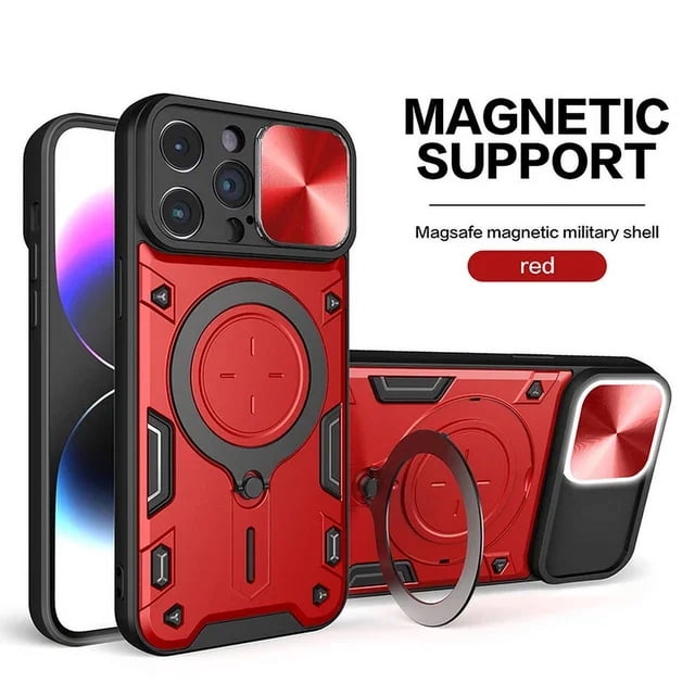 Étui pour iPhone 16 15 14 13 12 11 Pro Max Plus 8 7 Plus Magnétique Rotative Caméra Coulissante 360 Rotation Support Étui Rouge pour iPhone 15 ProMax