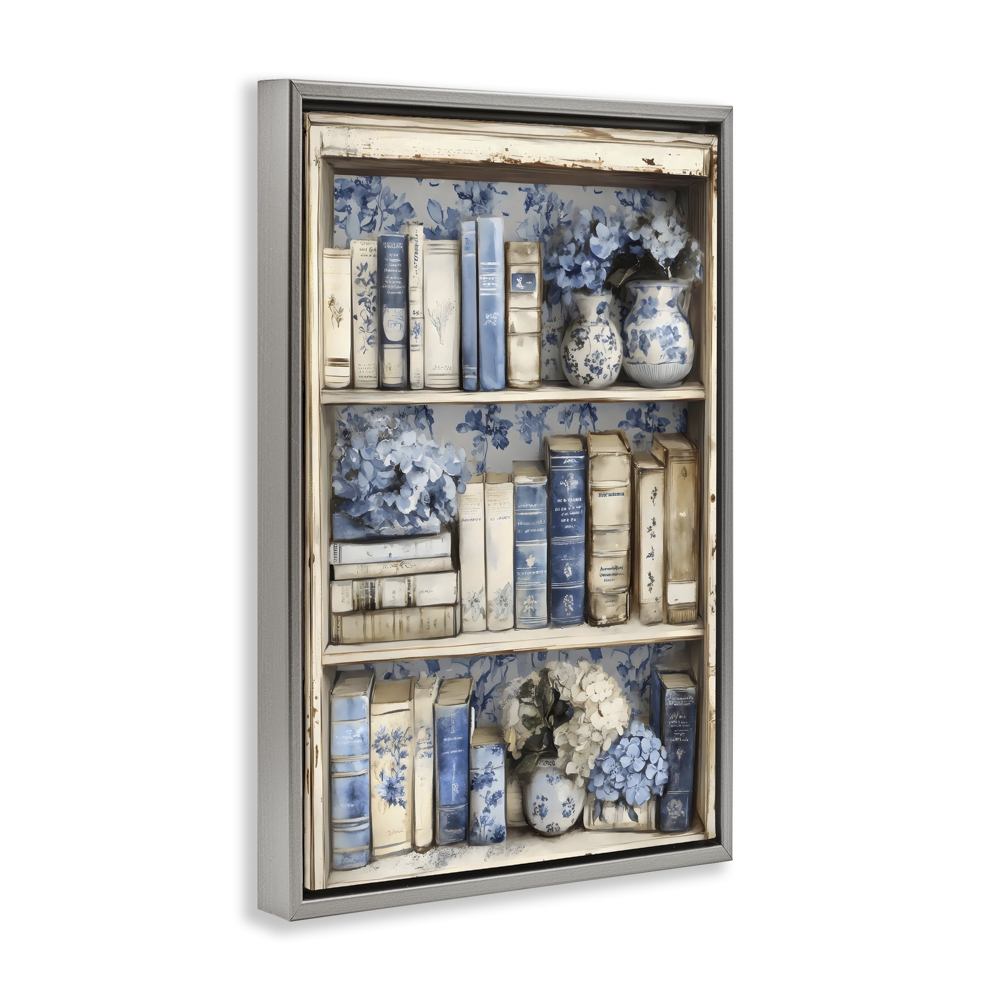 Stupell Industries Blue & Beige Bookcase Gray Framed Floater Canvas Wall Art, design by LSR Design Studio