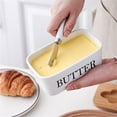 thumbnail image 3 of Ceramic Butter Dish with Wooden Lid, Dingrich Large Butter Container Keeper Storage with Stainless Steel Butter Knife Spreader, Bamboo Cover and Silicone Sealing Ring-White, 3 of 5