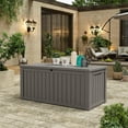 thumbnail image 4 of Decksplore 150 Gal Outdoor Storage Box, Lockable, UV-Resistant, HDPE Waterproof Deck Box, Outdoor Storage Bench for Cushions, Folding Chairs (Coffee), 4 of 7
