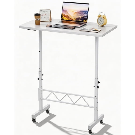 White Adjustable Height Standing Desk 30.7-46.4 Portable Computer Table With Wheels Mobile Workstation For Home Office