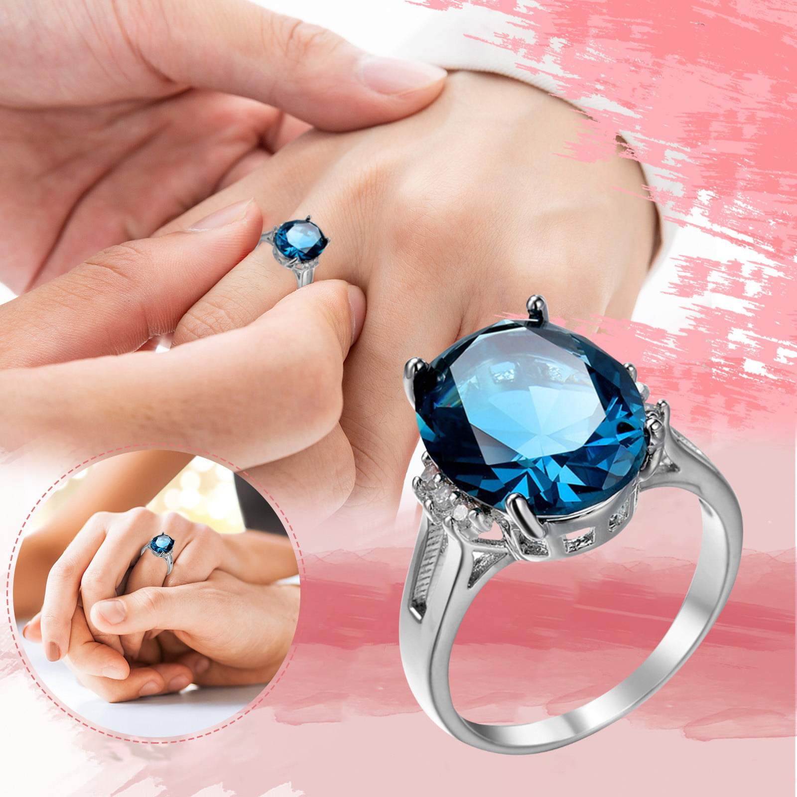 Women 925 Silver Aquamarine Rings Flower Drop Rings Wedding Jewelry Size#6-10 