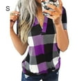 thumbnail image 1 of T-shirt Femme Col en V Manches Courtes Haut à Carreaux Blouse Décontractée, Violet, P, 1 of 4