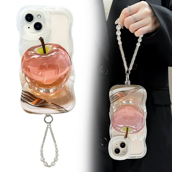 3D Cute Apple iPhone Case with Pearl Strap - Transparent TPU Shockproof Cover with Kickstand, Compatible with iPhone 15 Pro Max/14 Pro/13 Pro Max