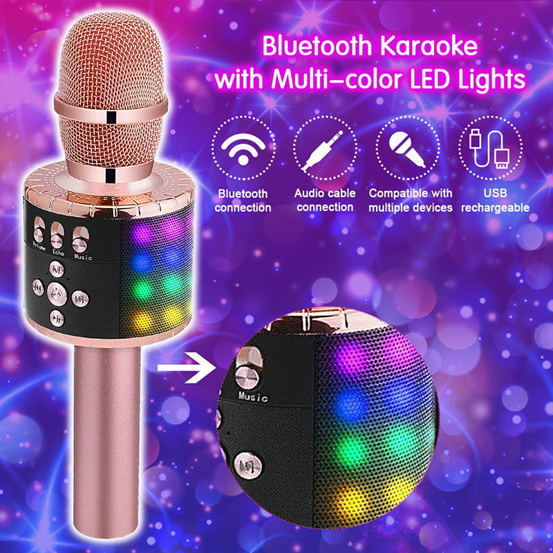 Black Wireless Bluetooth Karaoke Microphone with Controllable LED Light Portable Handheld Karaoke Speaker Machine Home KTV Player Compatible with Android/iPhone/PC or all Smartphone 