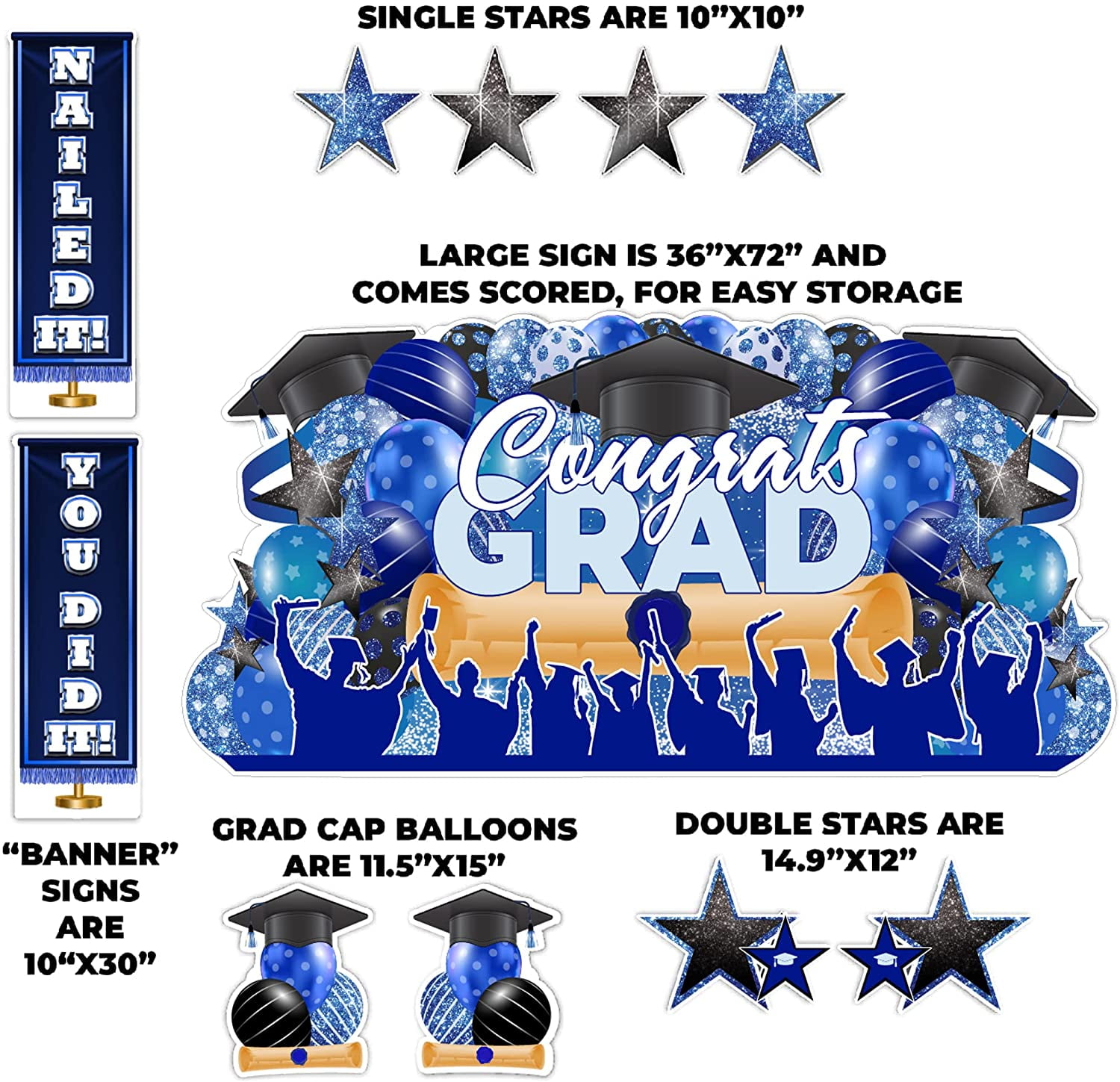 Jumbo Graduation Yard Sign Set 3x6 Feet, Congrats Grad Sign , Waterproof Corrugated Plastic, Includes Stakes (Blue)