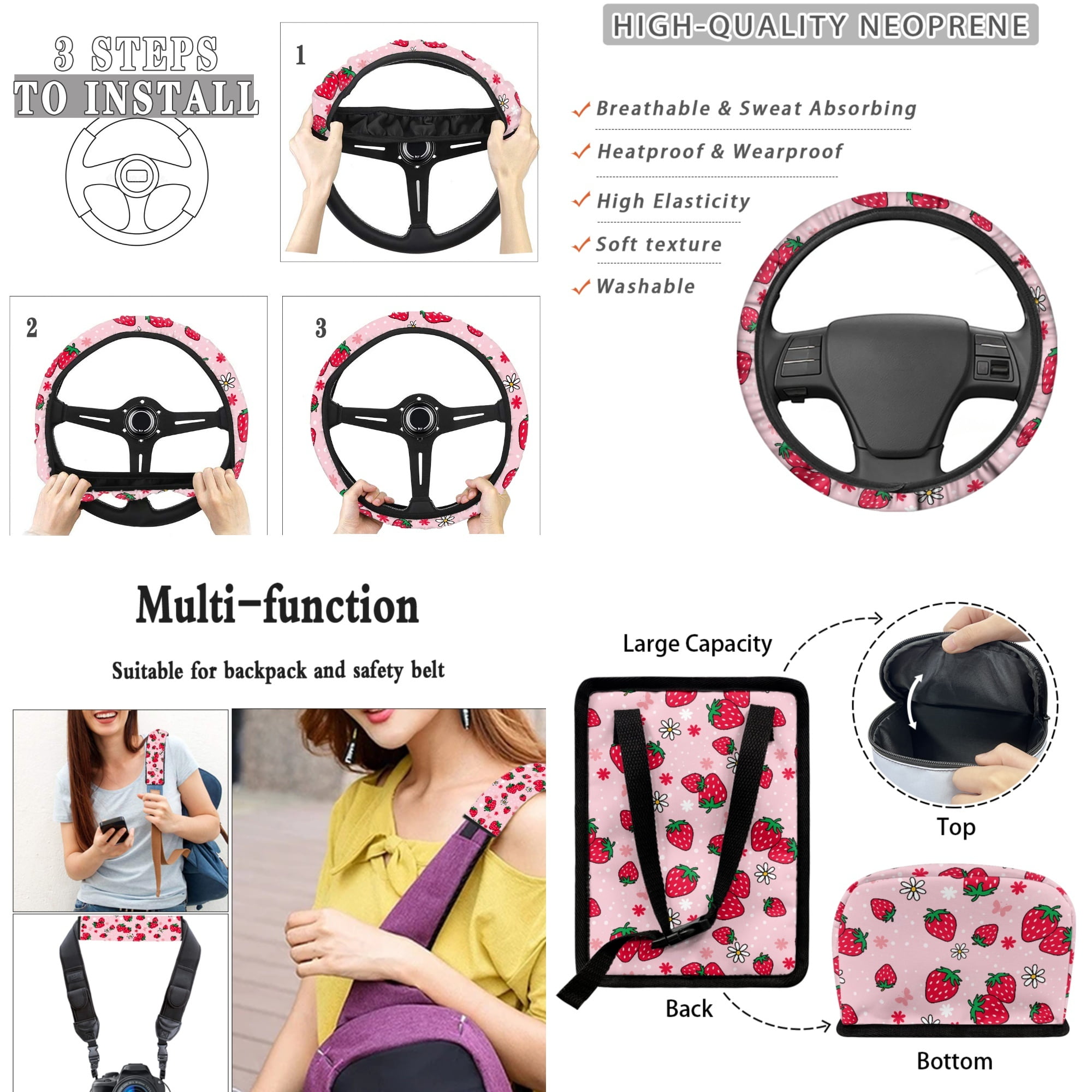 Yuyamidu 15 PCS Strawberry Car Seat Cover Set Pink Steering Wheel Cover Seat Belt Pad Cover Trash Bin Rear View Mirror Cover Cup Holders Keychain Air Vent Storage Holder Car Decor