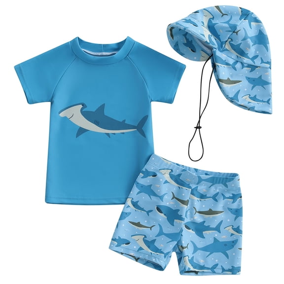 Tiijoy Boys UPF 50 Short Sleeve Rash Guard Shorts Hat 3-Piece Swimsuit for Kids, Sizes 0-6 Months