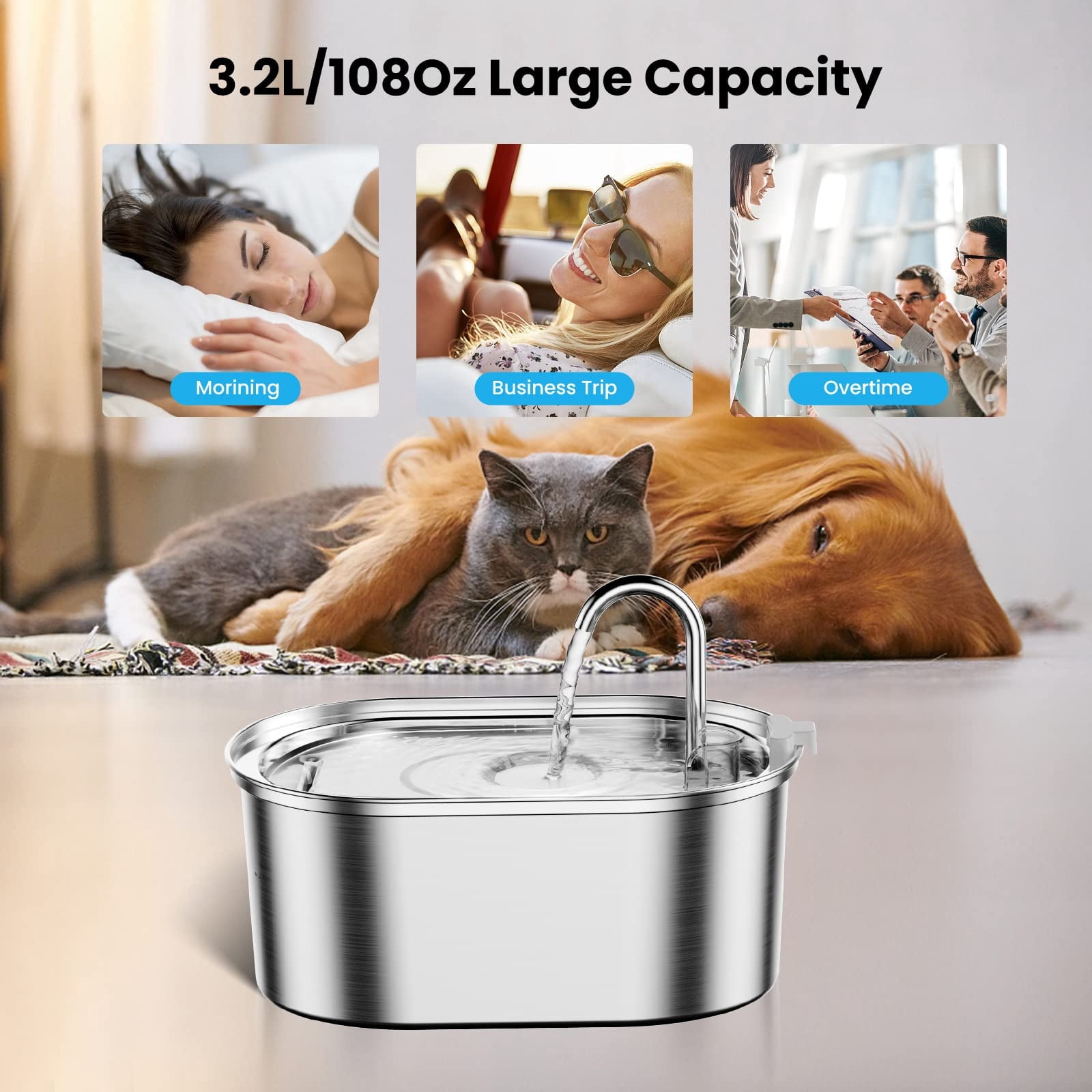 Djiypn Cat Water Fountain, 3.5L/118oz Automatic Stainless Steel Pet Fountain Dog Water Dispenser, Ultra-Quiet Pump and Filters & for Cats, Dogs, Multiple Pets