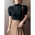 thumbnail image 4 of Camiseta de manga corta de punto con cuello alto, diseño de manga abullonada blanca para mujer, chaqueta pequeña elegante y ajustada para mujer., 4 of 6