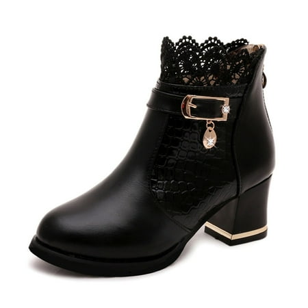 

Hinvhai Women s 2024 Fall Winter Vintage Short Boots Clearance Fashion Classic Leather Lace Chunky Low Heel Comfortable Short Boots Black 6(36)