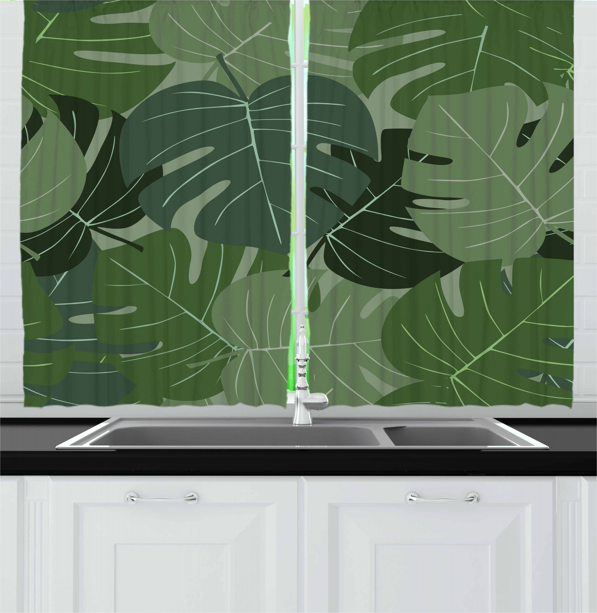 Forest Green Kitchen Curtains, Camouflage Pattern of Palm Leaves