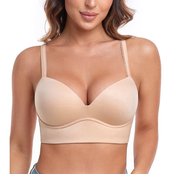 Exerin Bras for Women Plunge Wirefree Pullover Push Up Comfortable Padded Plus Size Bra(Beige,38D)