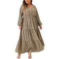 thumbnail image 2 of Plus Size Women's Polka Dots Long Maxi Dress Lantern Sleeve Ruffle Hem Flowy Boho Dresses 1X Khaki, 2 of 6