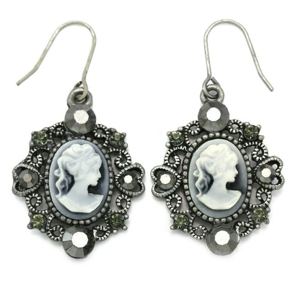 Cute Antique Silver Tone Heart White Gray Cameo Dangle Earrings Fashion Jewelry