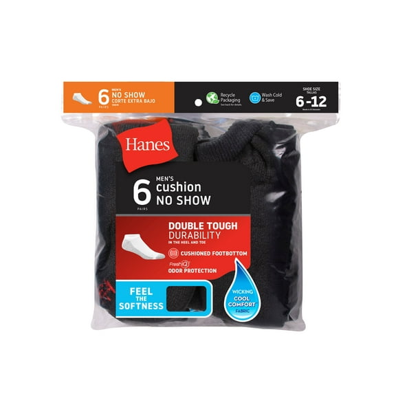 Hanes No-Show Men's Socks 6-Pack Cushion Extra-thick Reinforced Toe cotton-blend