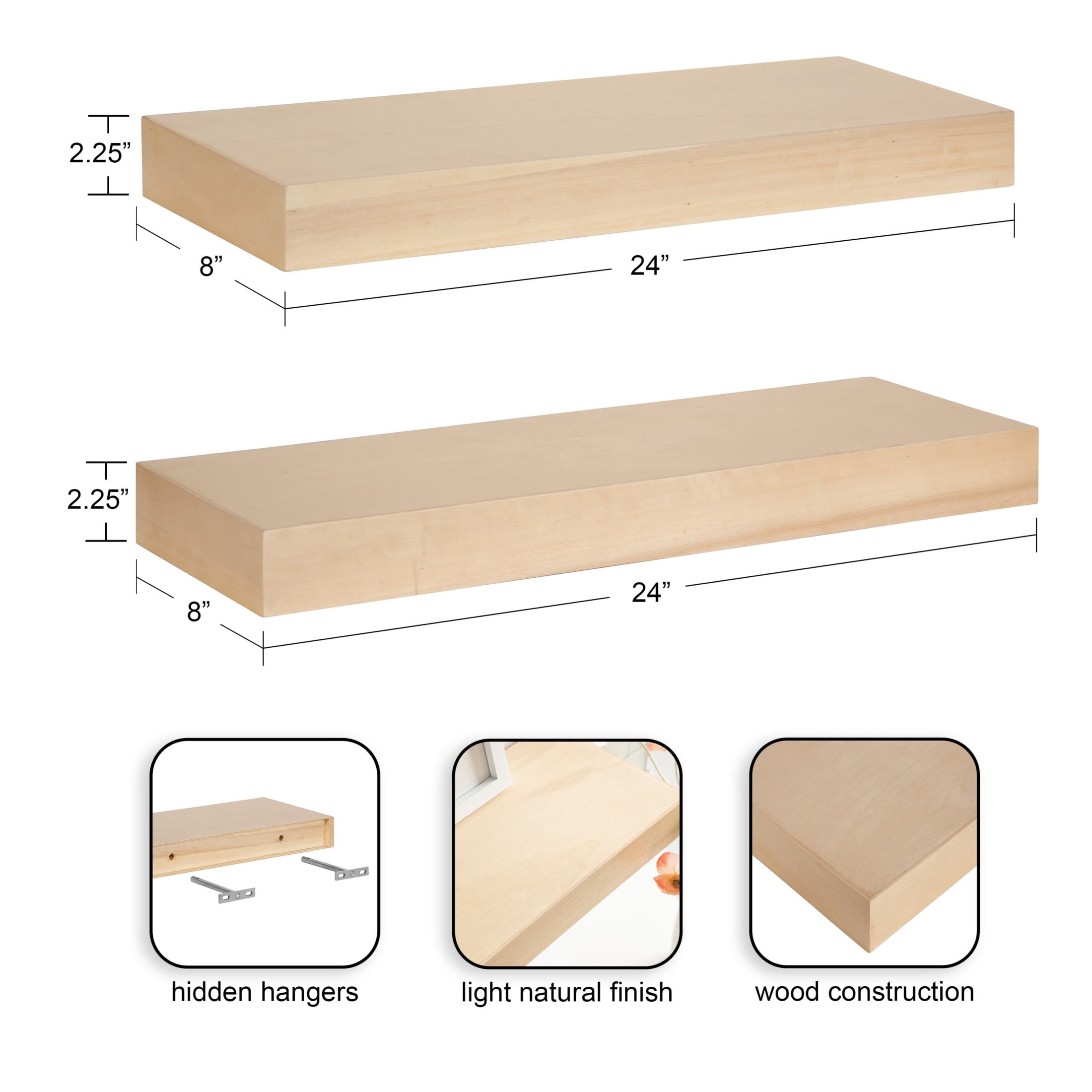 Kate and Laurel Havlock Modern Natural Floating Shelves, Set of 2, 24 x 8, Natural Wood, Mid-Century Functional Bathroom and Kitchen Shelves for Dorm Storage or Apartment Decor