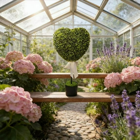 FYHALE Valentine's Day Decor - 32" Boxwood Heart with Bow Topiary, Heart-Shaped Green Plant Pot, Topiary Ball Easer Valentine's Day Potted Boxwood Topiary Faux Plants and Trees Holiday Decor