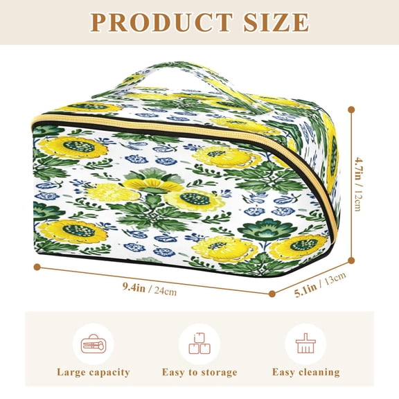 Iauyy Rhombus Cosmetic Bag with Handle Large Capacity Luxury Twill Travel Makeup Bag ,Blue Art Flowers