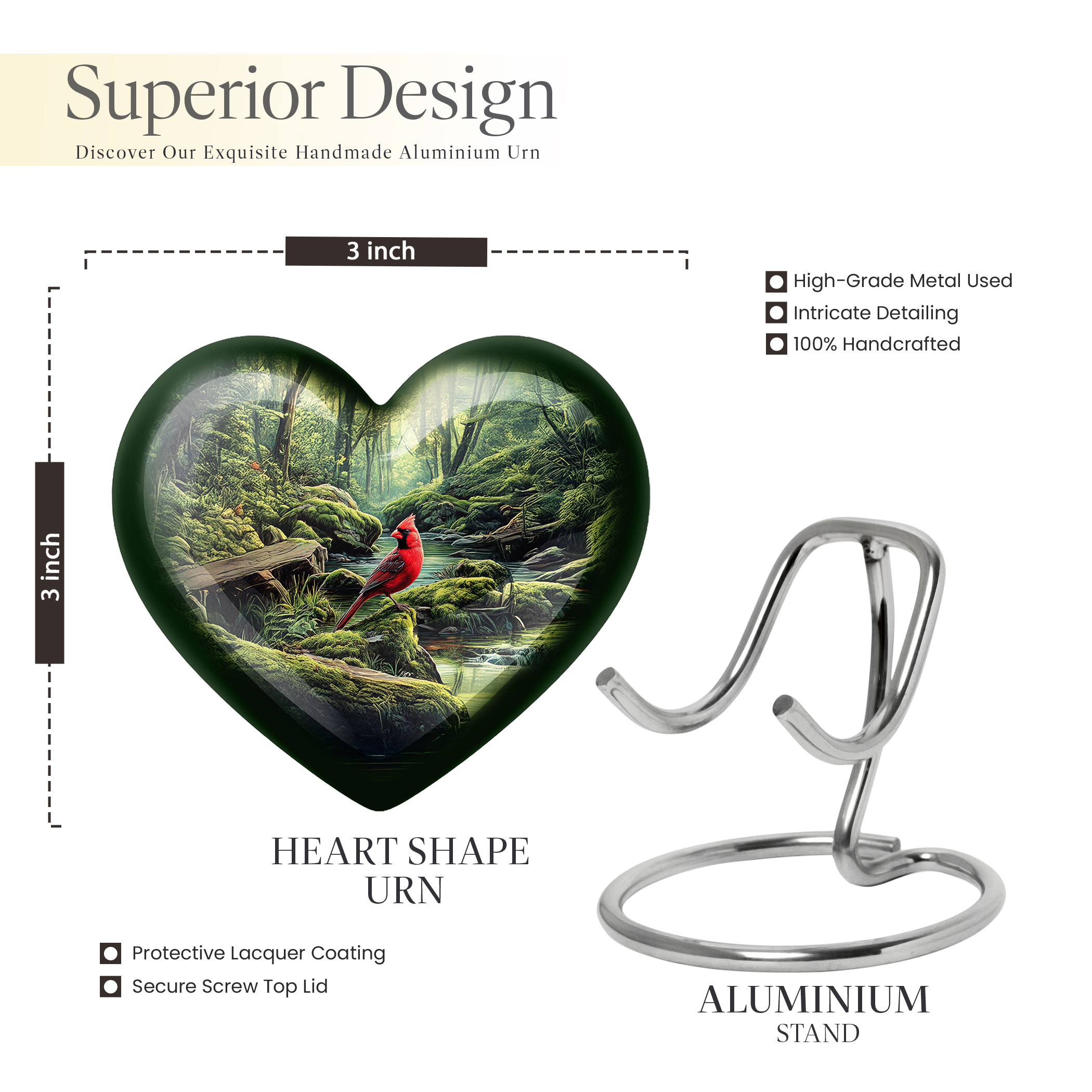 MUKTIVE Cardinal Bird Cremation Urns for Adult Ashes - Small Funeral Urn for Ashes for Women - Memorial Heart Urns for Adult Male - Couple Burial Urn for Mom and Dad - 3 Inch