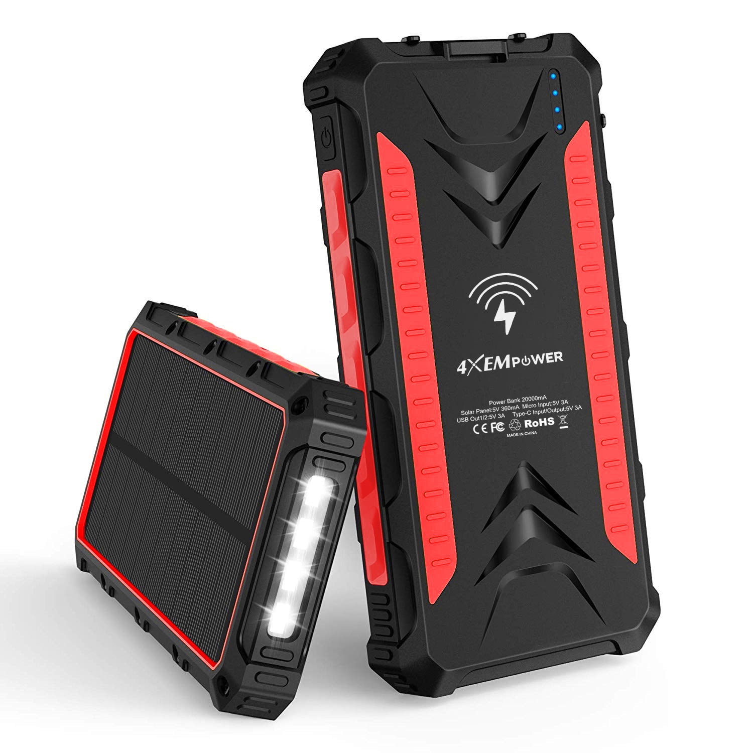 4XEM 20,000 maH Mobile Solar Charger and Power Bank (Red)
