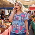 thumbnail image 2 of Agnes Orinda Women's Plus Size Floral Tops Ruffle Pleated V Neck Short Sleeve Summer Casual Blouse 1X Blue Pink Block, 2 of 7