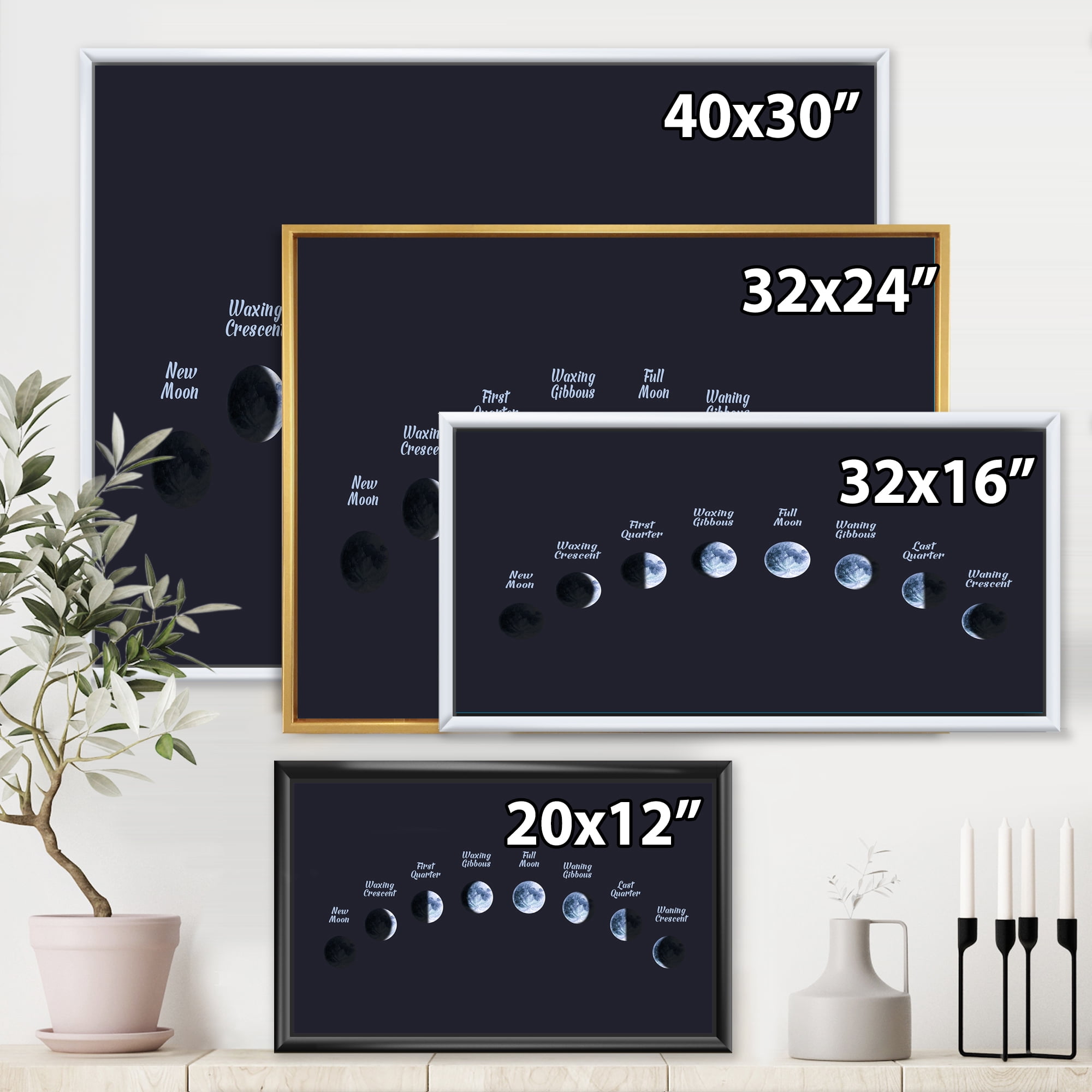 Designart 'Different Moon Phases In Space' Bohemian & Eclectic Framed Canvas Wall Art Print