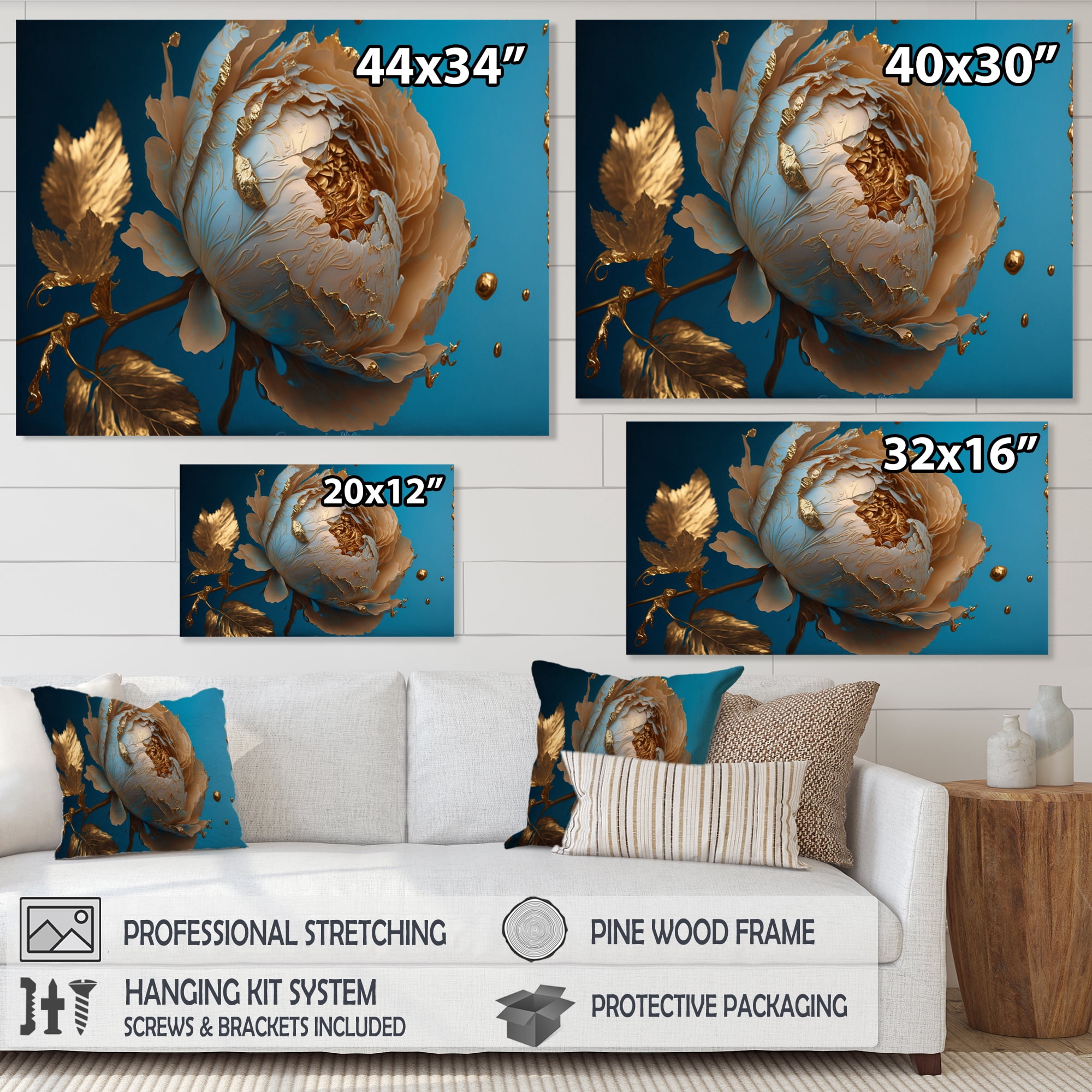 Designart Ice Blue And Gold Peony I Canvas Wall Art